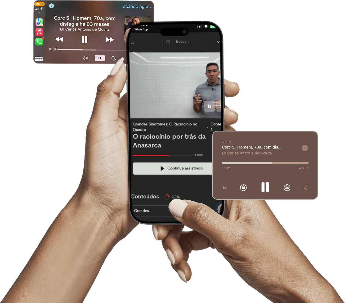 Aulas do curso abertas no celular, com o áudio tocando também no carro e na tela de bloqueio